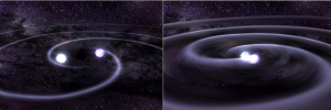 Zwei massive Objekte umkreisen einander - eine Voraussetzung für mit heutiger Technik detektierbare Gravitationswellen Dana Berry [Public domain], via Wikimedia Commons (Quelle)